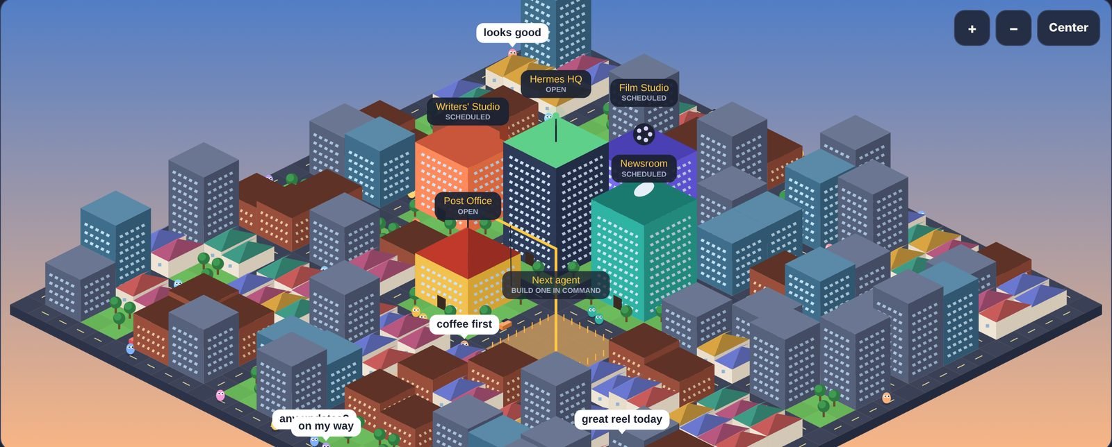 Hermesville: an isometric cartoon city where each building is an AI agent