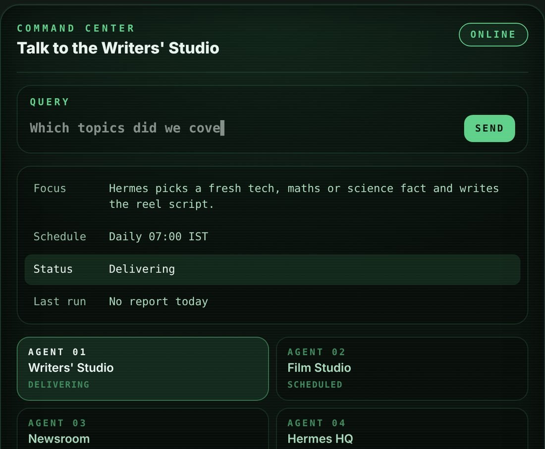 The Hermesville command center chatting with the Writers' Studio agent