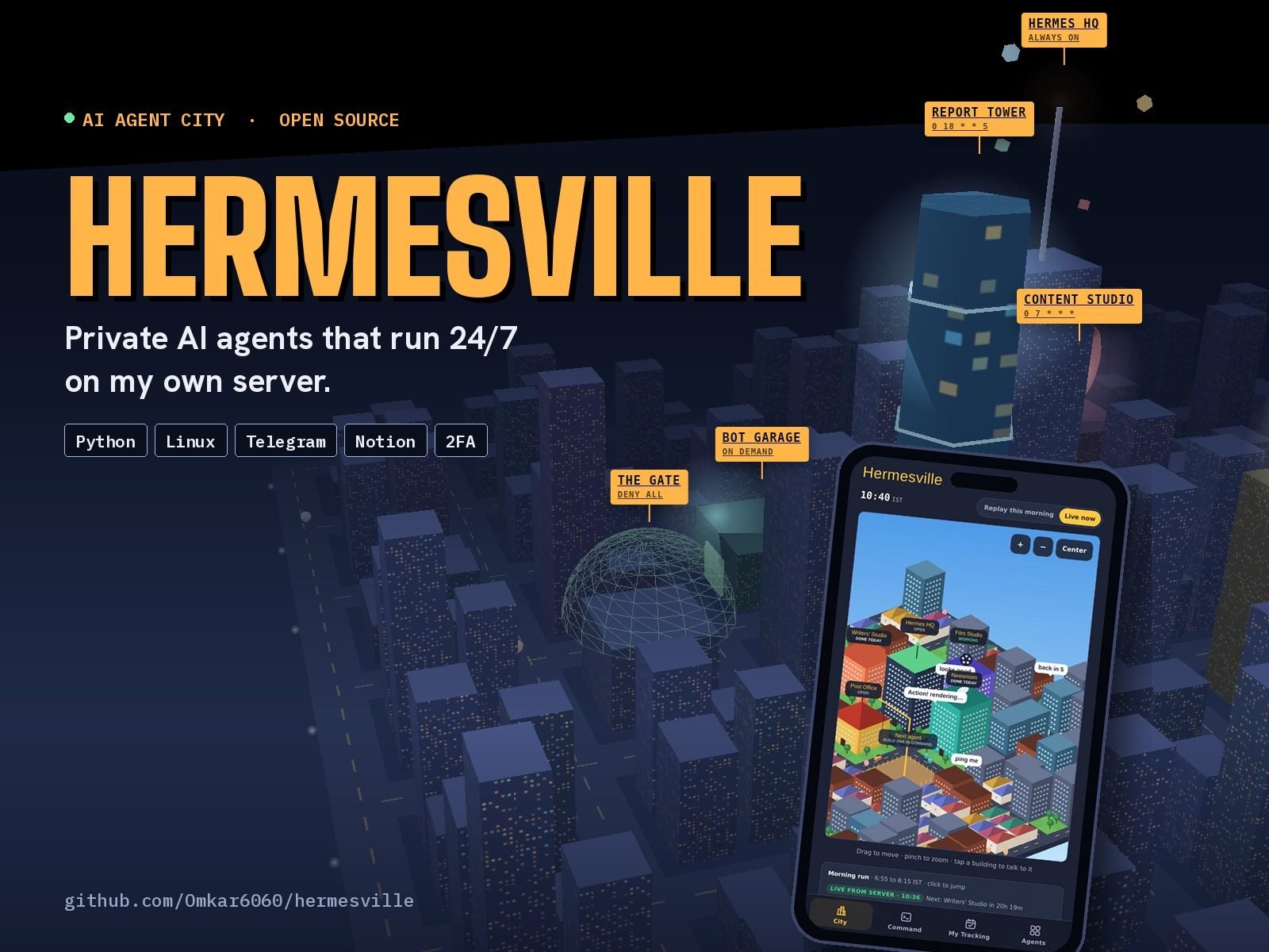 Hermesville: an isometric city of AI agent buildings, shown on a phone